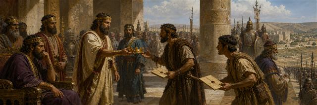 Officials exchanging crowns and dispatches while Assyrian troops approach the northern frontier